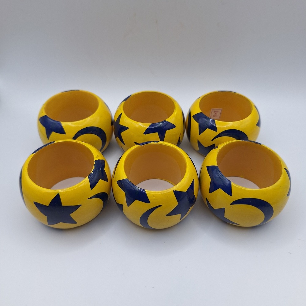 Set of 6 Yellow Blue Star Moon Napkin Rings Holders Handcrafted India